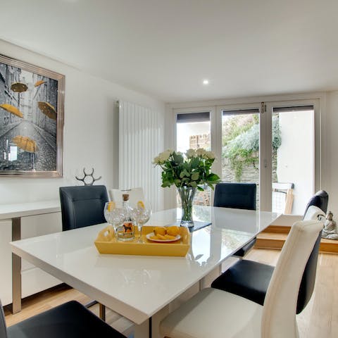 Share plates of fish and chips on the dining table