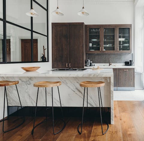 The marble kitchen island