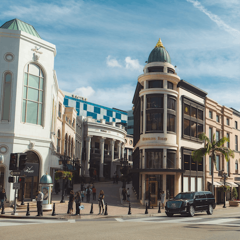 Treat yourself to designer shopping on Rodeo Drive, less than an eight-minute drive