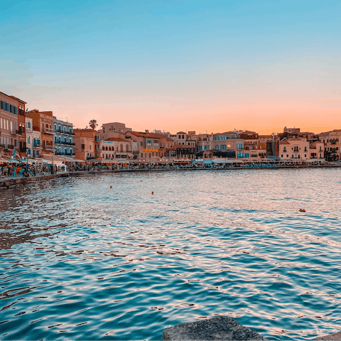 Drive thirty-seven minutes to Chania's old town to dine by the port