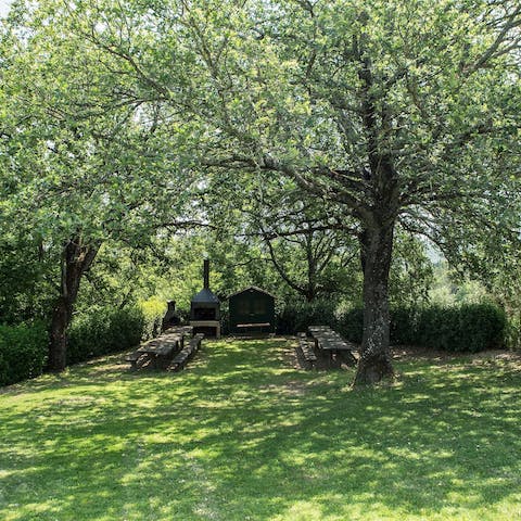 Take a walk around the shared garden and dine alfresco in the shade of the towering trees