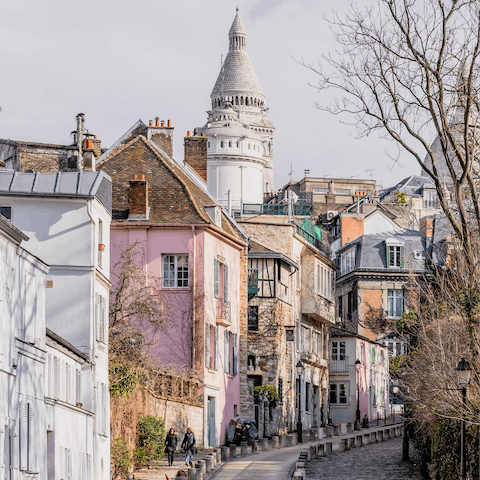 Climb the cobbled streets of Montmarte to the striking Sacré-Cœur – a ten-minute walk away