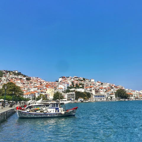 Explore the idyllic island of Skopelos – it's only a ten-minute drive to the beach and forty to Skopelos Town