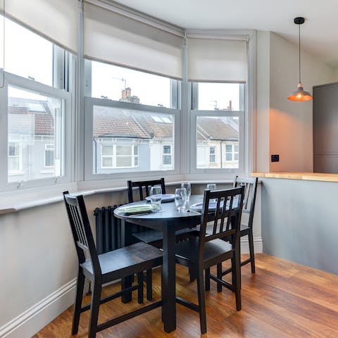 Start the day with a hearty breakfast at the table in the bay window