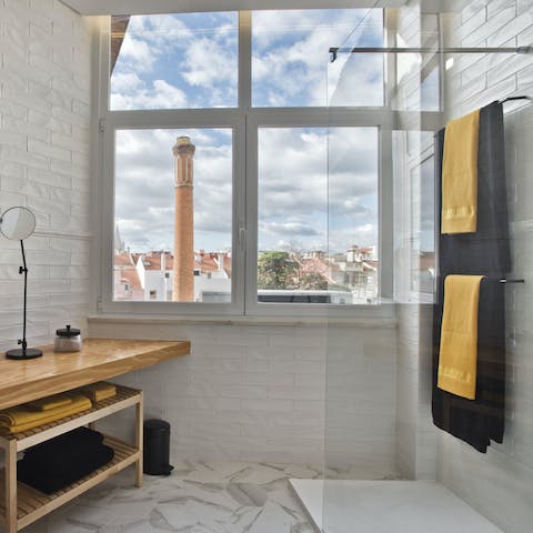 Freshen up with a view from one of three bathrooms