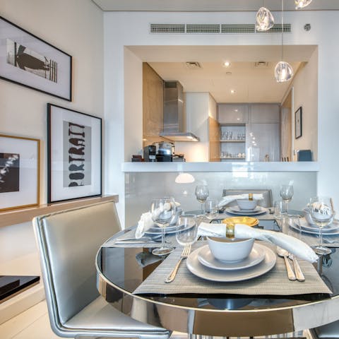 Enjoy a delicious home-cooked meal at the elegant dining table
