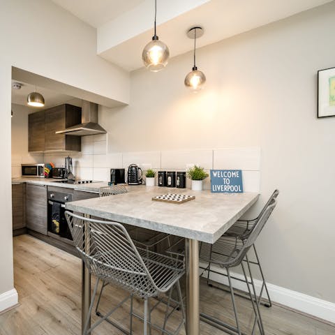 Savour your morning cuppa at the stylish breakfast bar