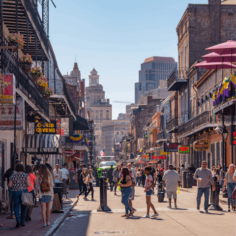 Soak up the lively atmosphere of Bourbon Street, a six-minute walk away