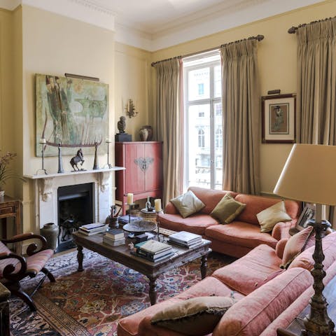 Enjoy an elegant tea party in the ornate living room