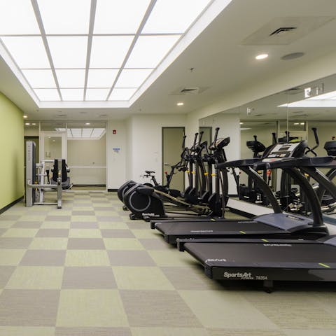 Break a sweat with a morning workout in the communal fitness centre 