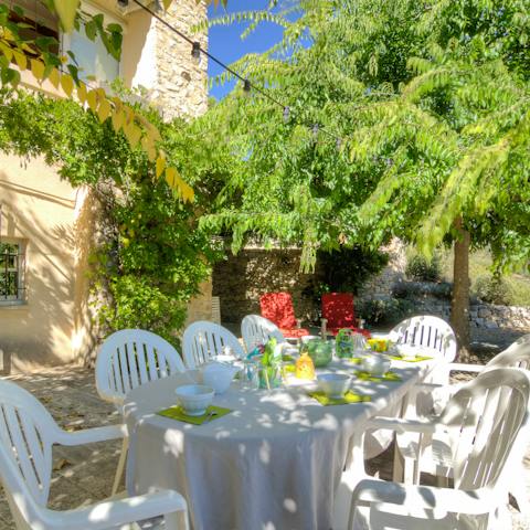 Dine alfresco in the dappled shade on the terrace