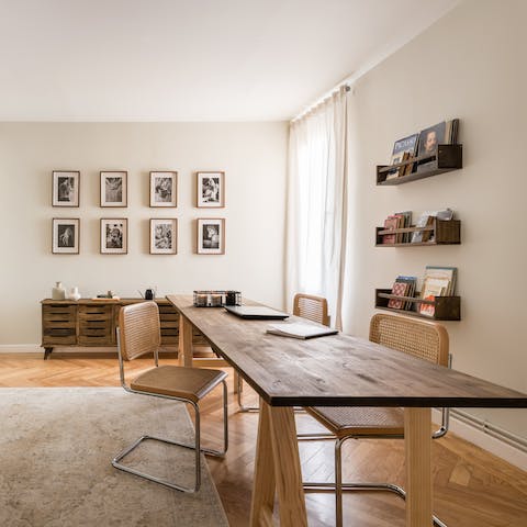 Set up your own co-working  space at the elongated desk