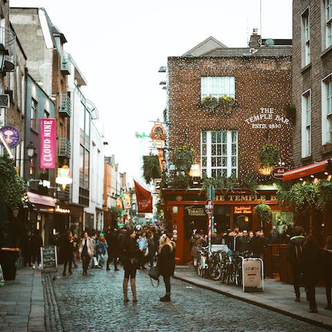 Wander around Dublin's Temple Bar district, a twenty-five-minute stroll away