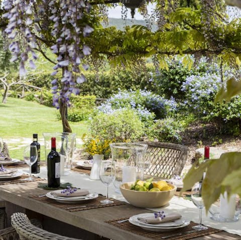 Gather in the gardens for Italian meals that linger long into the evening