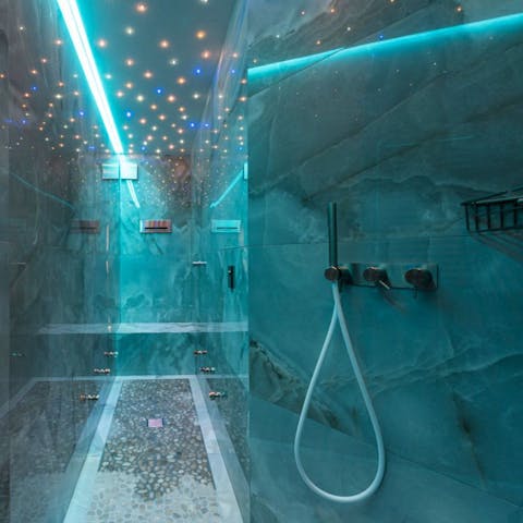 Liven up your shower routine in the spa bathroom (with or without the star-lit ceiling and light therapy)