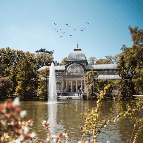 Spend sunny afternoons taking strolls in El Retiro Park, just under thirty minutes away on foot or by Metro