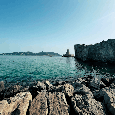 Explore Methoni and its Bourtzi of Methoni Castle, a six-minute drive away or thirty minutes away on foot