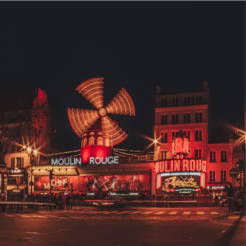Enjoy cabaret at the Moulin Rouge, 1.2km away