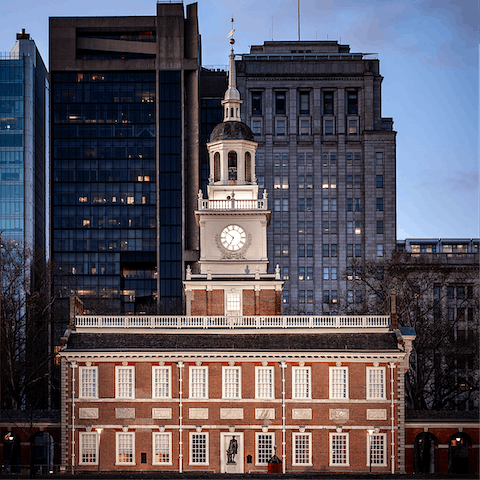 Gaze up at beautiful Independence Hall, an eighteen-minute stroll from your door