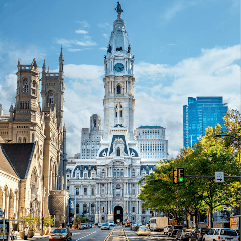 Visit Philadelphia City Hall, a three-minute walk away