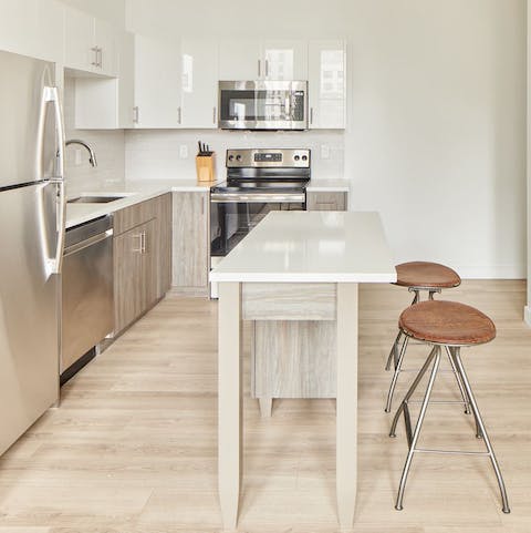 Start mornings with a hearty pancake breakfast in the modern, open-plan kitchen