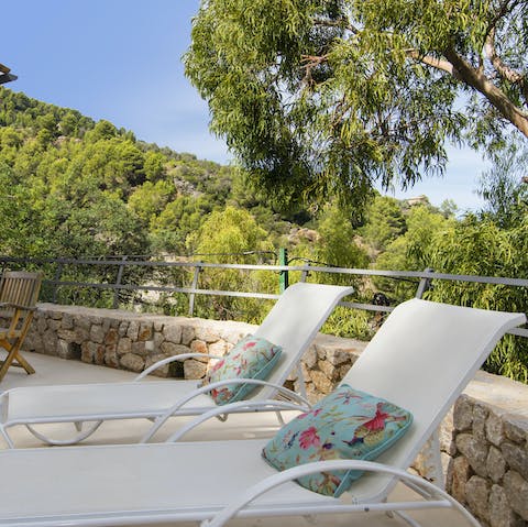 Sunbathe on the lounge chairs