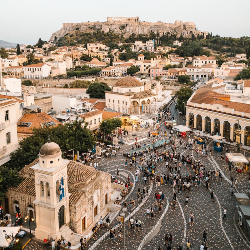 Explore historic Monastiraki square, a twenty-minute walk away