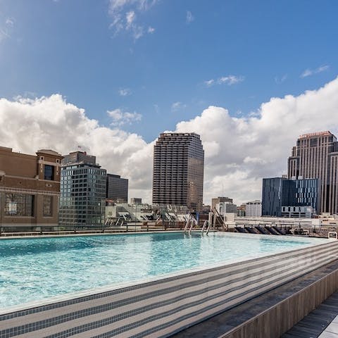Escape the heat in the shared rooftop pool