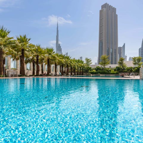 Enjoy the vistas of the Burj Khalifa as you cool off in the shared pool