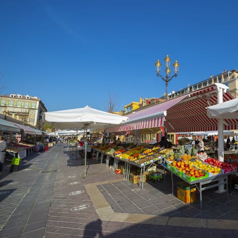 Browse the stalls in the Cours Saleya outdoor market, only an eleven–minute walk away
