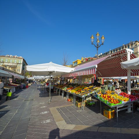 Browse the stalls in the Cours Saleya outdoor market, only an eleven–minute walk away