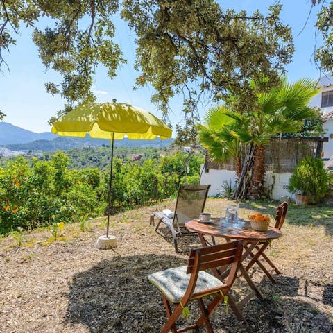 Break away and sit back in the single sunlounger at the edge of the fruit trees