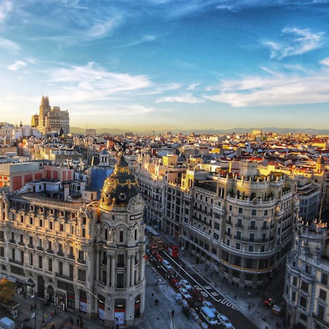 Enjoy your location right in the heart of Madrid with the iconic Gran Via a five-minute walk away 