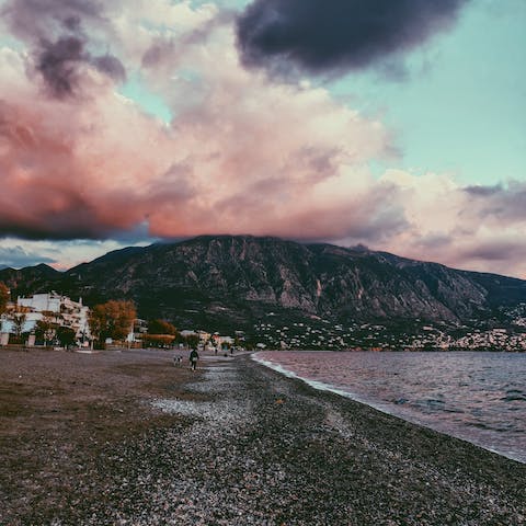 Stroll over to Kalamata Beach, 800 metres from the front door, and swim in the Ionian