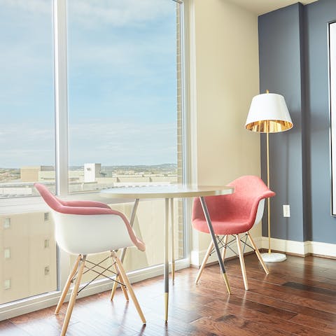 Enjoy your breakfast at the scenic window-side table