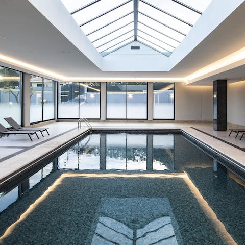 Swim laps in the private indoor swimming pool, or stretch out on a lounger