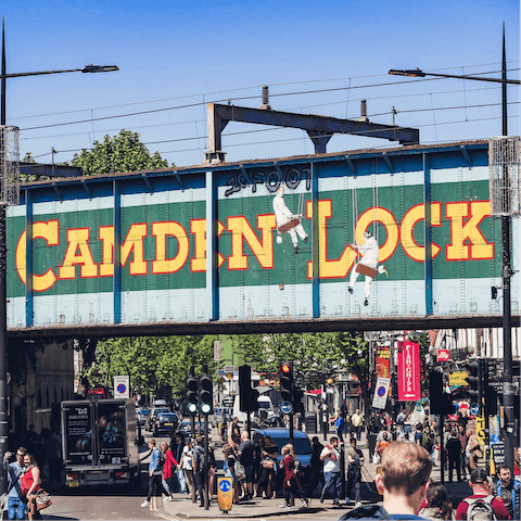 Explore Camden Lock Market, a three-minute walk away