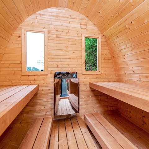 Sweat out the toxins in the little sauna shed on the deck