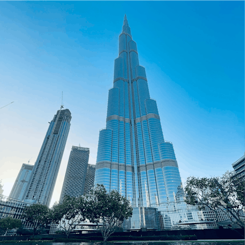 Explore Downtown and marvel at the Burj Khalifa, a fifteen-minute drive away