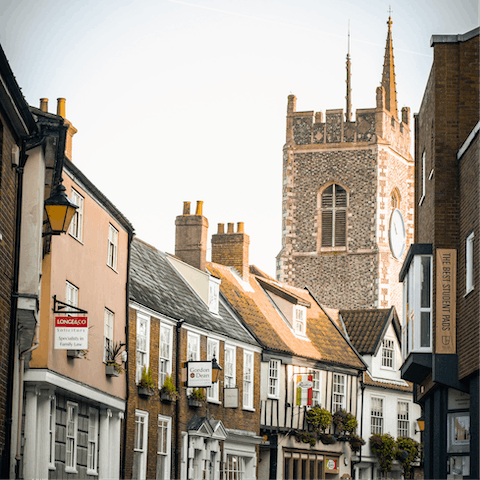 Stroll along the cobbles and gaze up at the soaring spires of central Norwich, a thirty-minute drive away