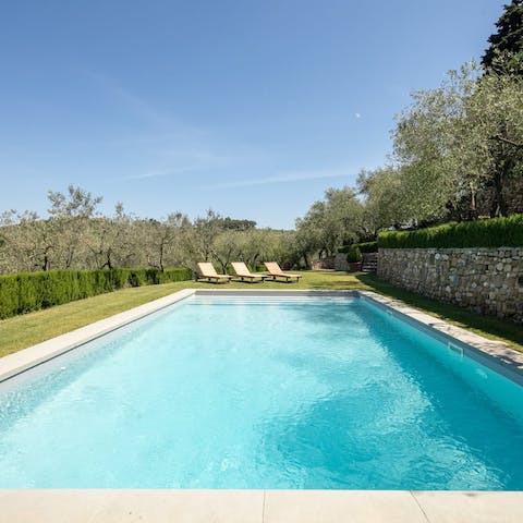 Float in the swimming pool as olive trees rustle around you