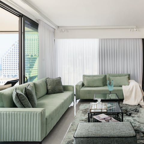 Kick back and get cosy in the stylish and light-filled living room