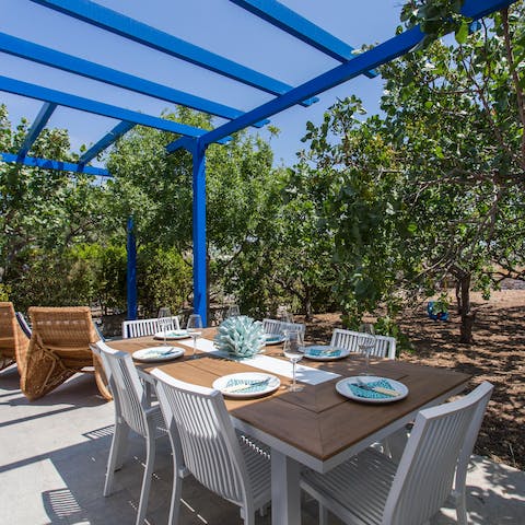 Enjoy an alfresco feast cooked on the barbecue under the pergola surrounded by Mediterranean trees