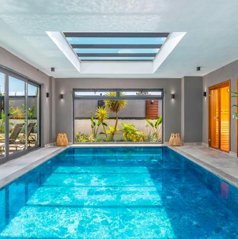 Stay active with a morning swim in the clear waters of the indoor pool, surrounded by windows to let in the sun