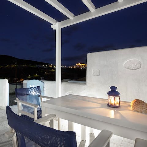 Enjoy candle lit dinners on the terrace overlooking the Aegean Sea 
