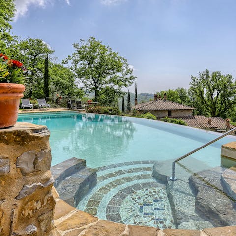 Take a dip in the stunning rustic infinity pool