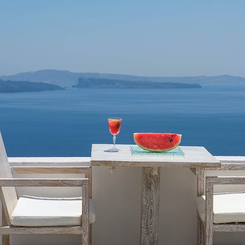 Relax with a glass of Greek wine and marvel at the sea vistas from the private patio  