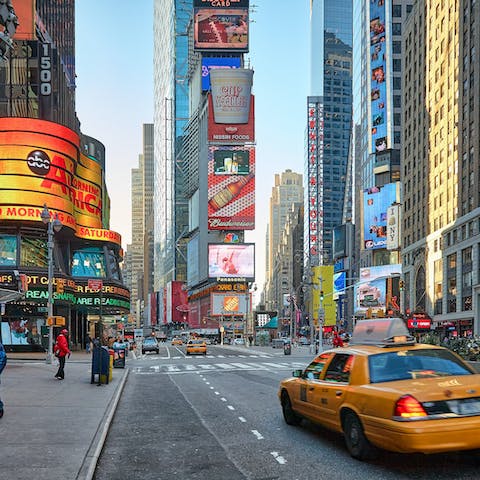 Take a ten-minute stroll to reach the bright lights of Times Square