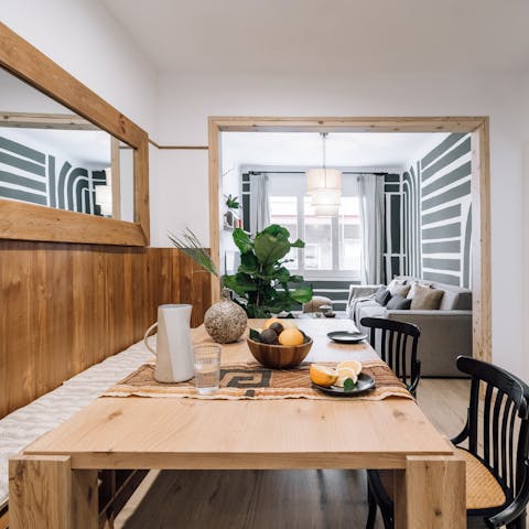 Set up for breakfast at the big dining table and plan the day ahead