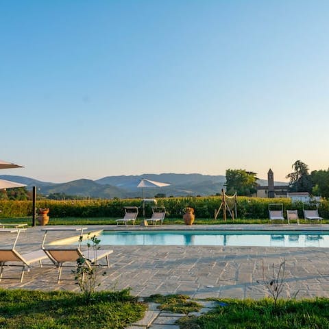 Take in the view of the Mugello hills from a poolside lounger